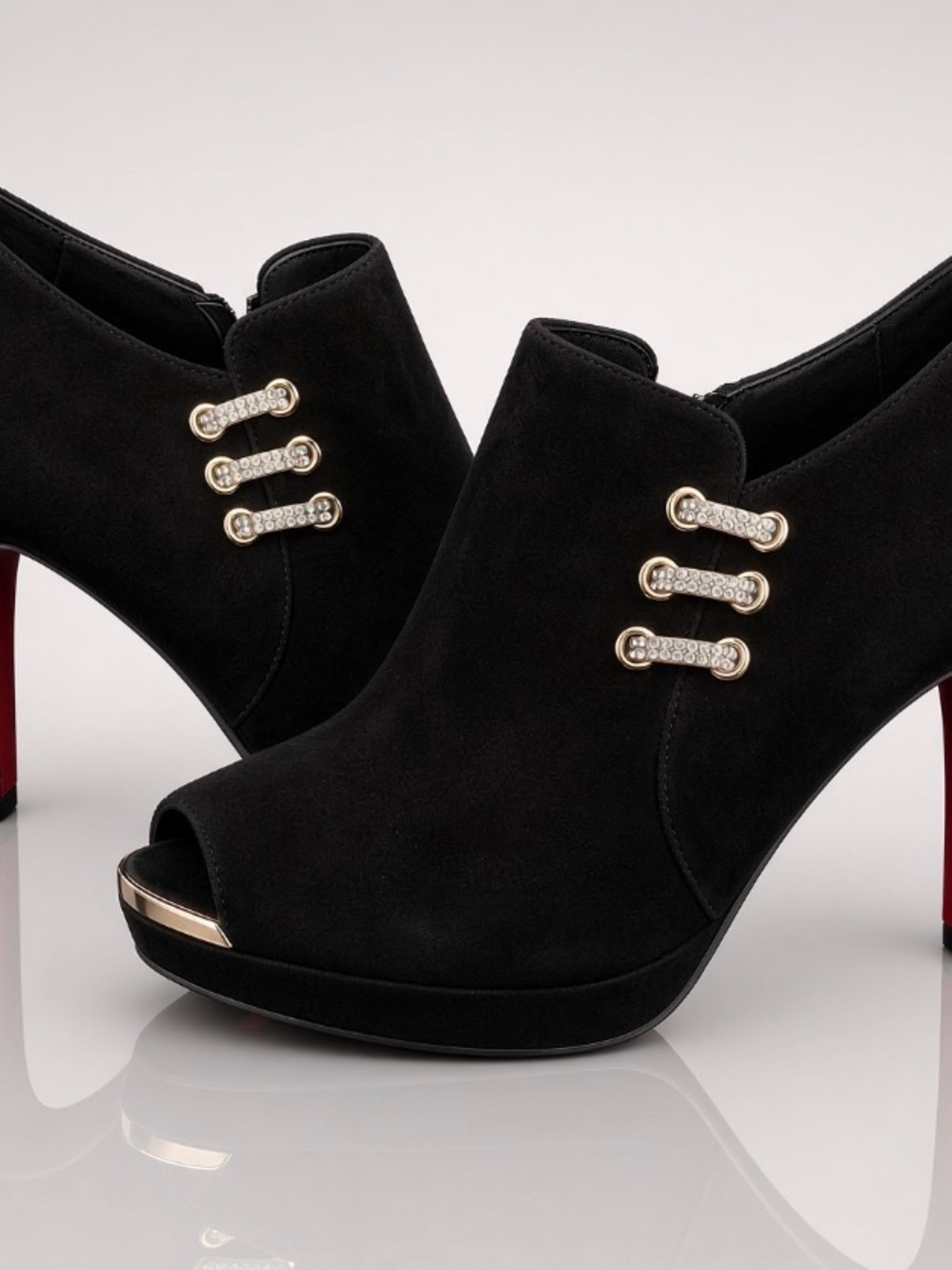 Black Suede Peep-Toe Heeled Booties with Gold Accent